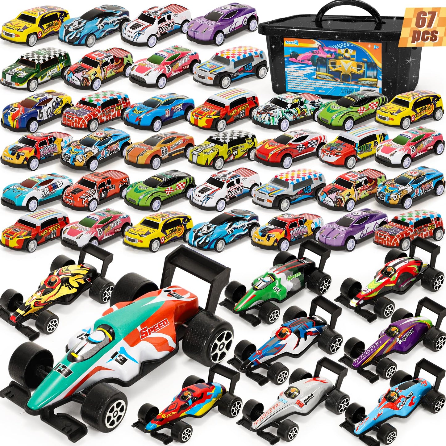 SevenQ Party Favors Toy Cars for Boys with Storage Box, 67Pcs Pull Back Cars F1 Race Cars Bulk, Treasure Box Toys for Classroom