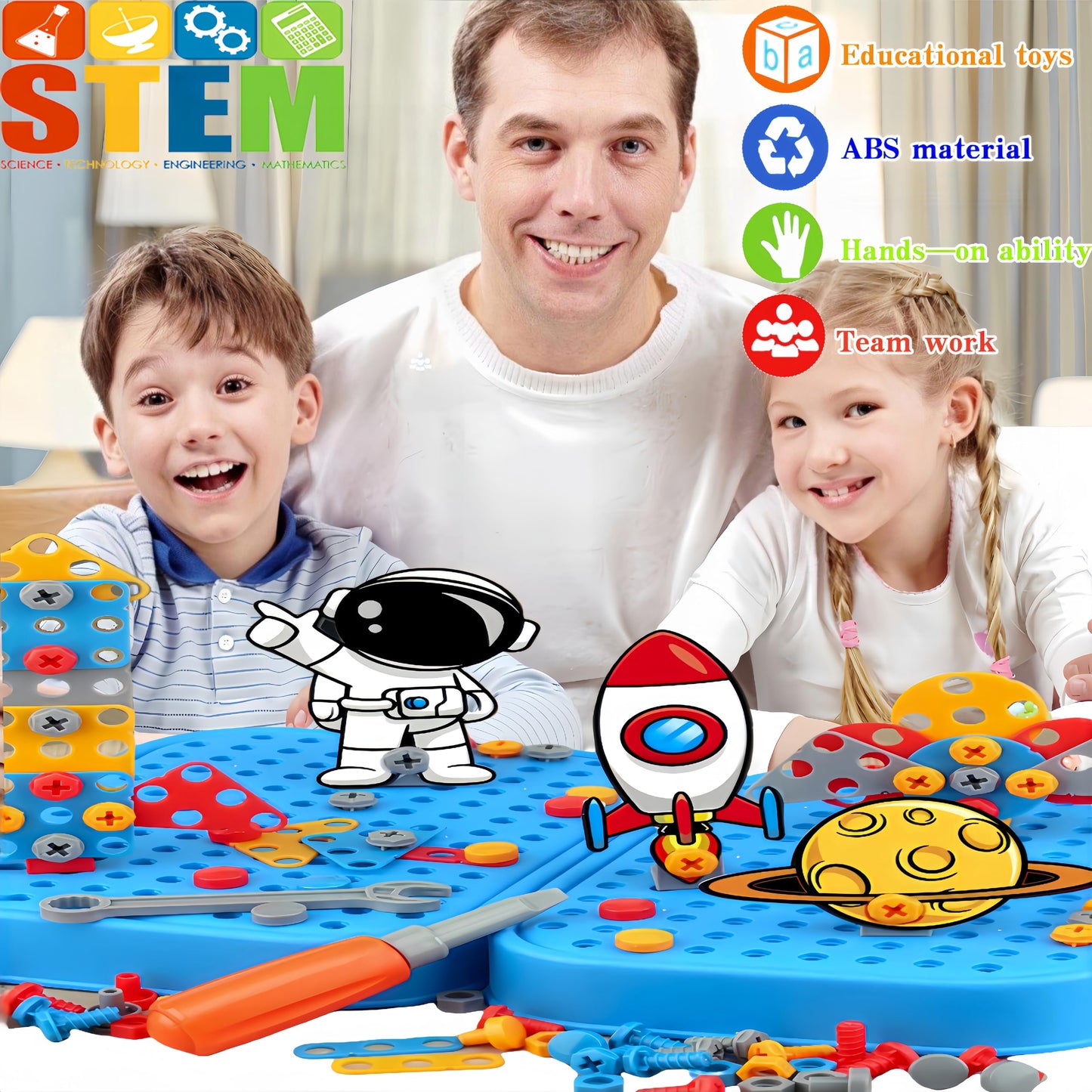 AquaArcc Drill Toy for Boys Age 4-8, 351pc Kids Montessori Construction Toy Electric Drill Toy with Fix Tool Box, Boys Toy Space