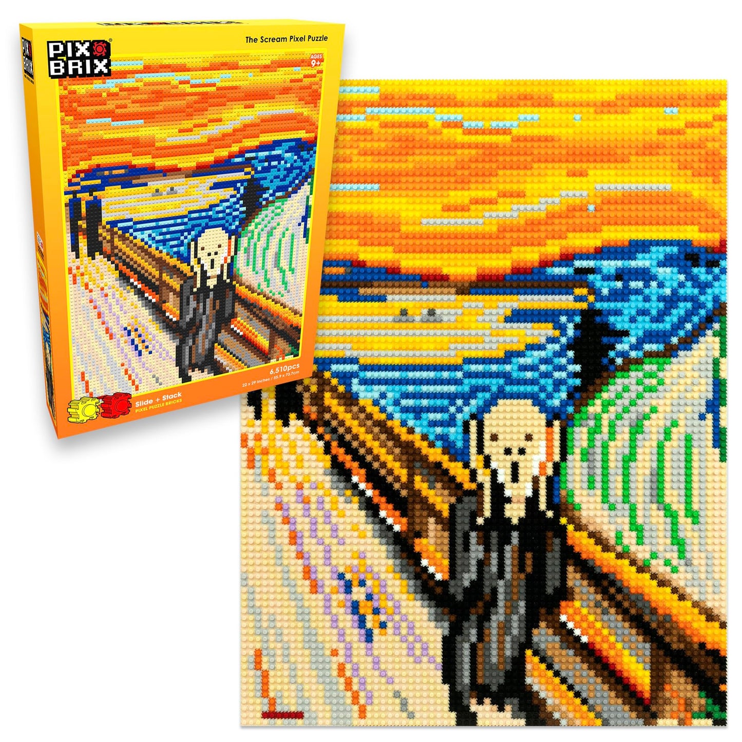 Pix Brix Pixel Art Puzzle Bricks - Pixel Puzzle of The Scream by Edvard Munch, 6,510 Pieces - Patented Colorful Slide + Stack Bu