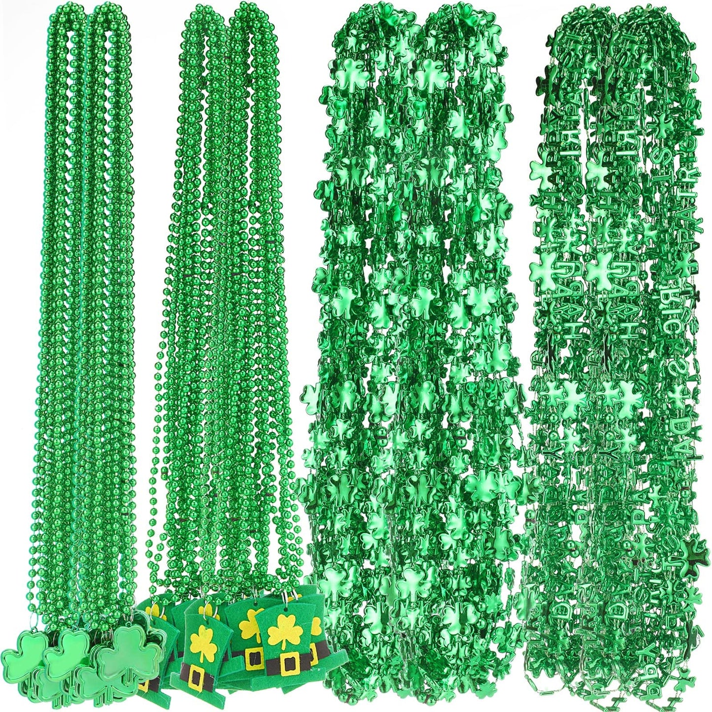 Batiyeer 48 Pcs St. Patrick's Day Shamrock Necklace Bulk 12 Pcs Shamrock Pendant 12 Pcs Irish Hat Bead 12 Pcs Clover Letter 12 P