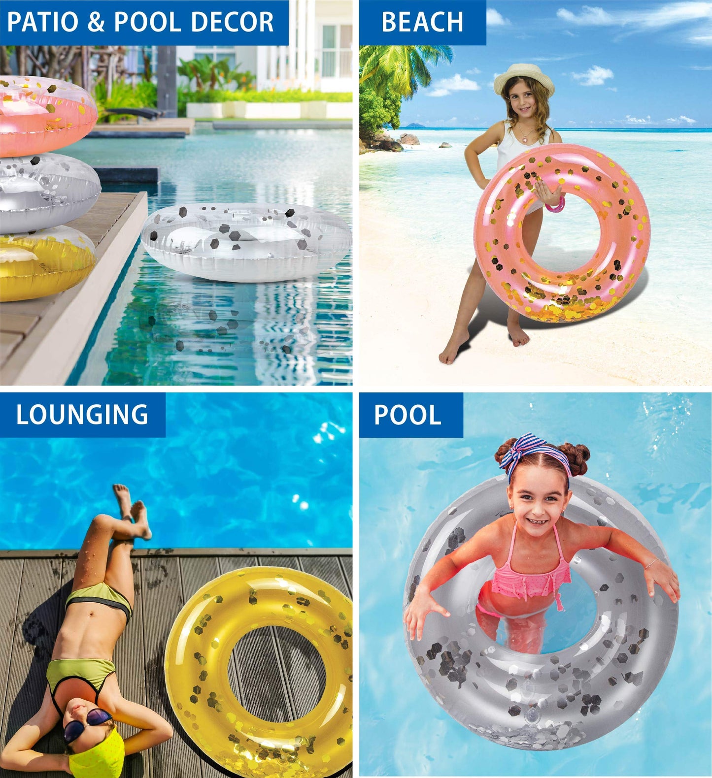 4-Pack Kids Inflatable Pool Floats - Sparkly Confetti-Filled Glitter Pool Float Rings, Cute Pool Floats In Pearl, Silver, Rose Gold, And Gold; Floating Tube Swim Rings For Pool, Beach, Lake - 23 Inch