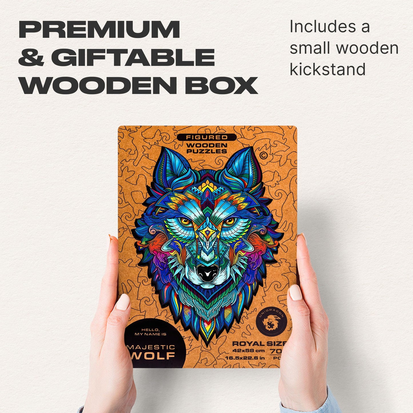 Unidragon Original Wooden Jigsaw Puzzles - Majestic Wolf, 700 Pcs, Royal Size 16.5'X22.6', Beautiful Gift Package, Unique Shape Best Gift For Adults And Kids