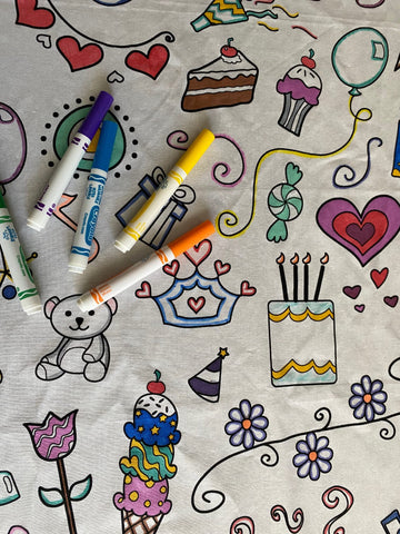 The Coloring Table - Birthday/Celebration Design - Rectangle Tablecloth - Fabric Coloring Tablecloth - Colorable Designs - Washa