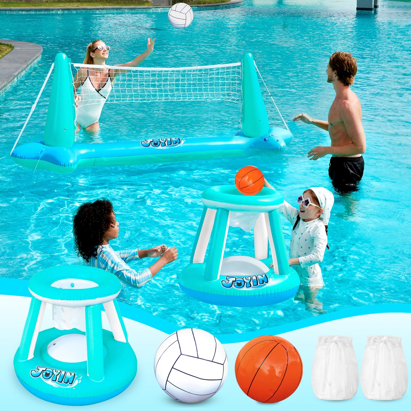 JOYIN Inflatable Pool Float Set Volleyball Net & Basketball Hoops, Floating Swimming Game Toy for Kids and Adults, Summer Floati