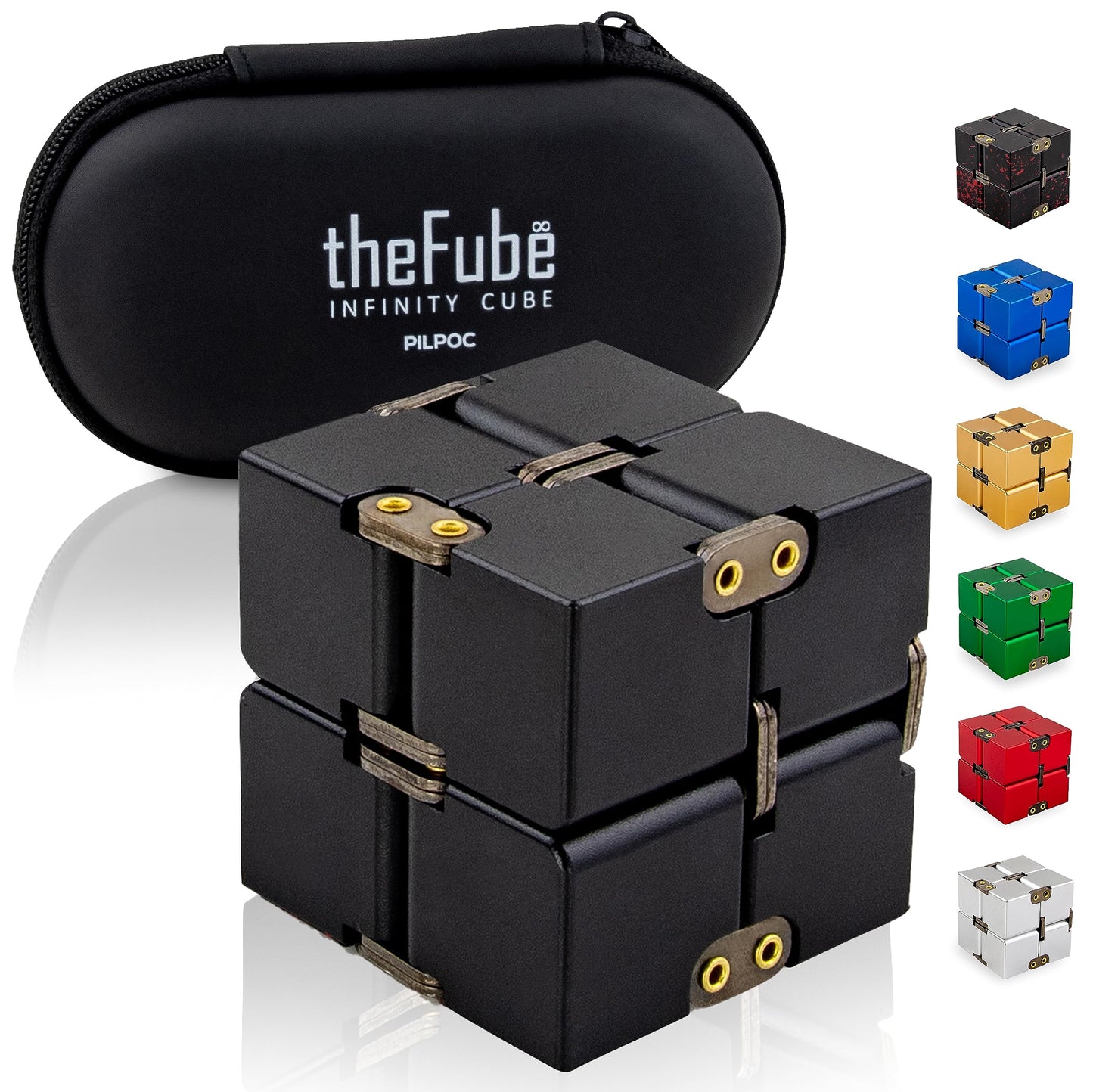 Pilpoc Thefube Infinity Cube Fidget Desk Toy - Aluminum Infinite Magic Cube With Case, Sturdy, Heavy, Relieve Stress And Anxiety, For Add, Adhd, Ocd (Black)