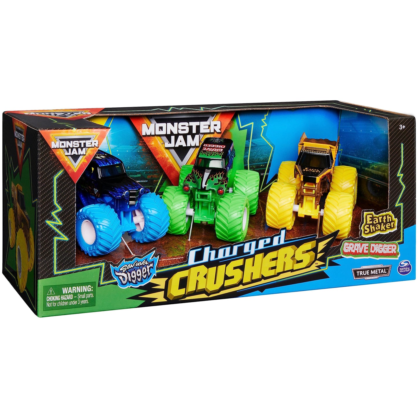 Monster Jam Charged Crushers 3-Pack - 1:64 Scale, Plastic, Grave Digger, Son-Uva Digger, Earth Shaker, Model 6053858