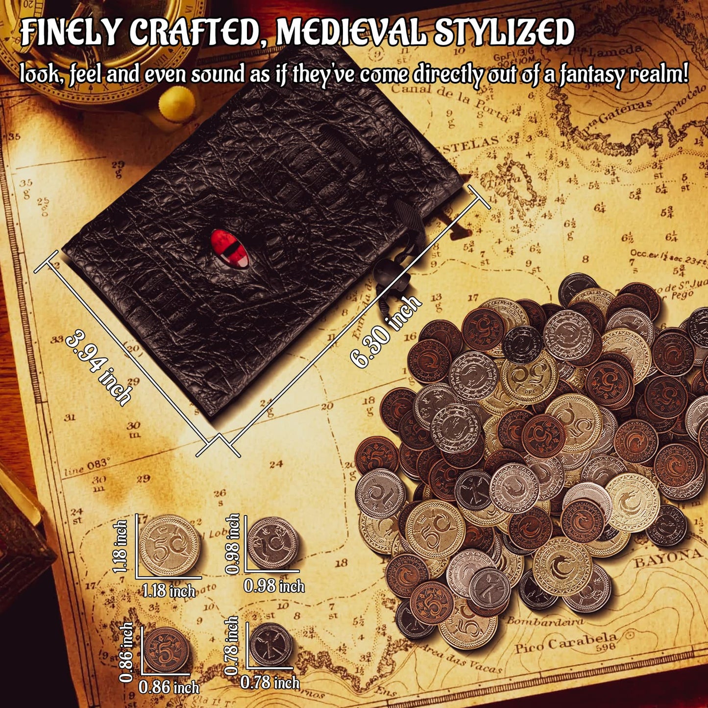 Dnd Metal Coins Set Of 60 With Leather Pouch - Gaming Tokens, Pirate Treasure, Accessories & Props For Board Games, Dungeons And Dragons, Tabletop Rpgs And Larp