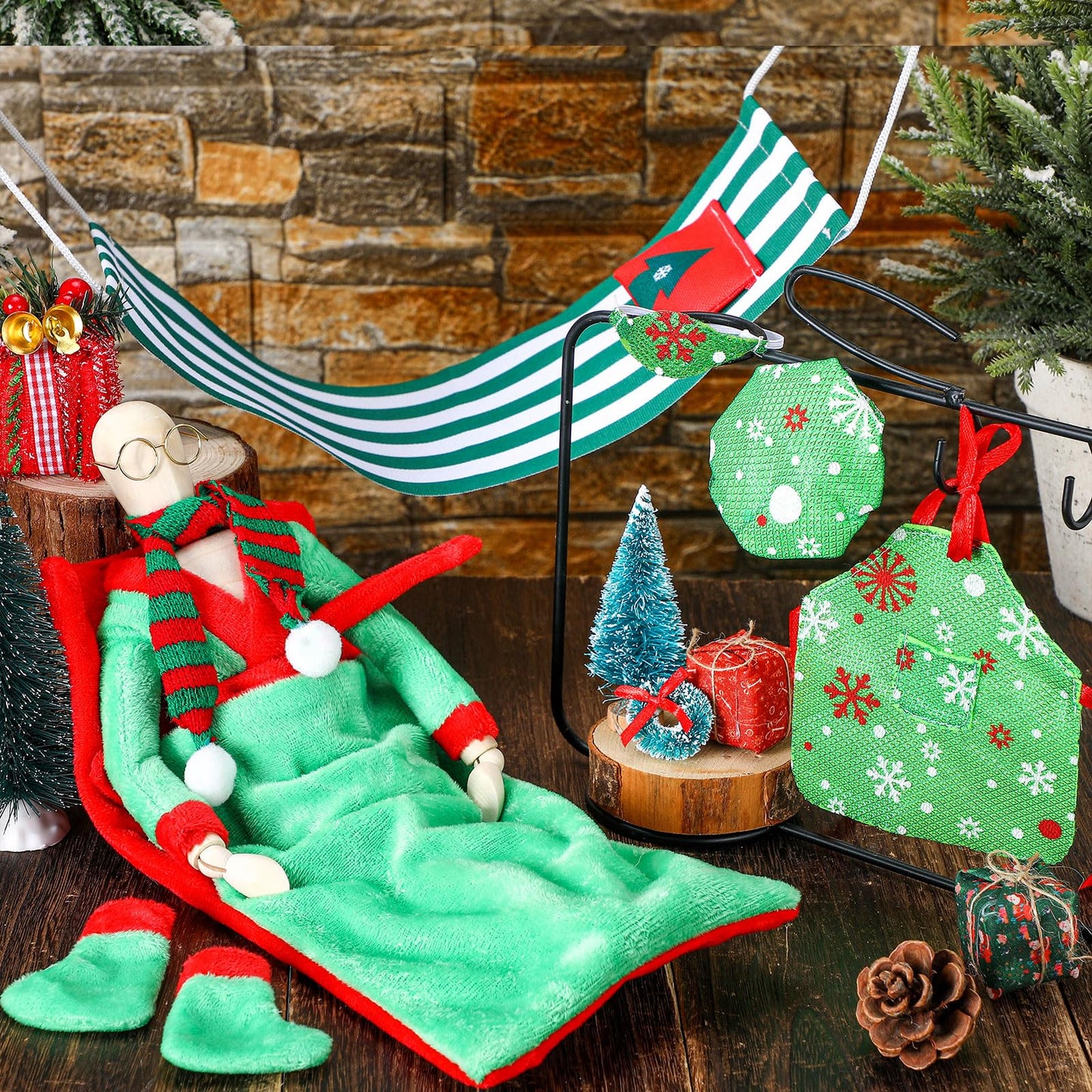 11 Pieces Christmas Elf Doll Accessories Set Include Elf Sleeping Bag Scarf Mask Bathrobe Shoes Hammock Apron Chef Hat Glasses C