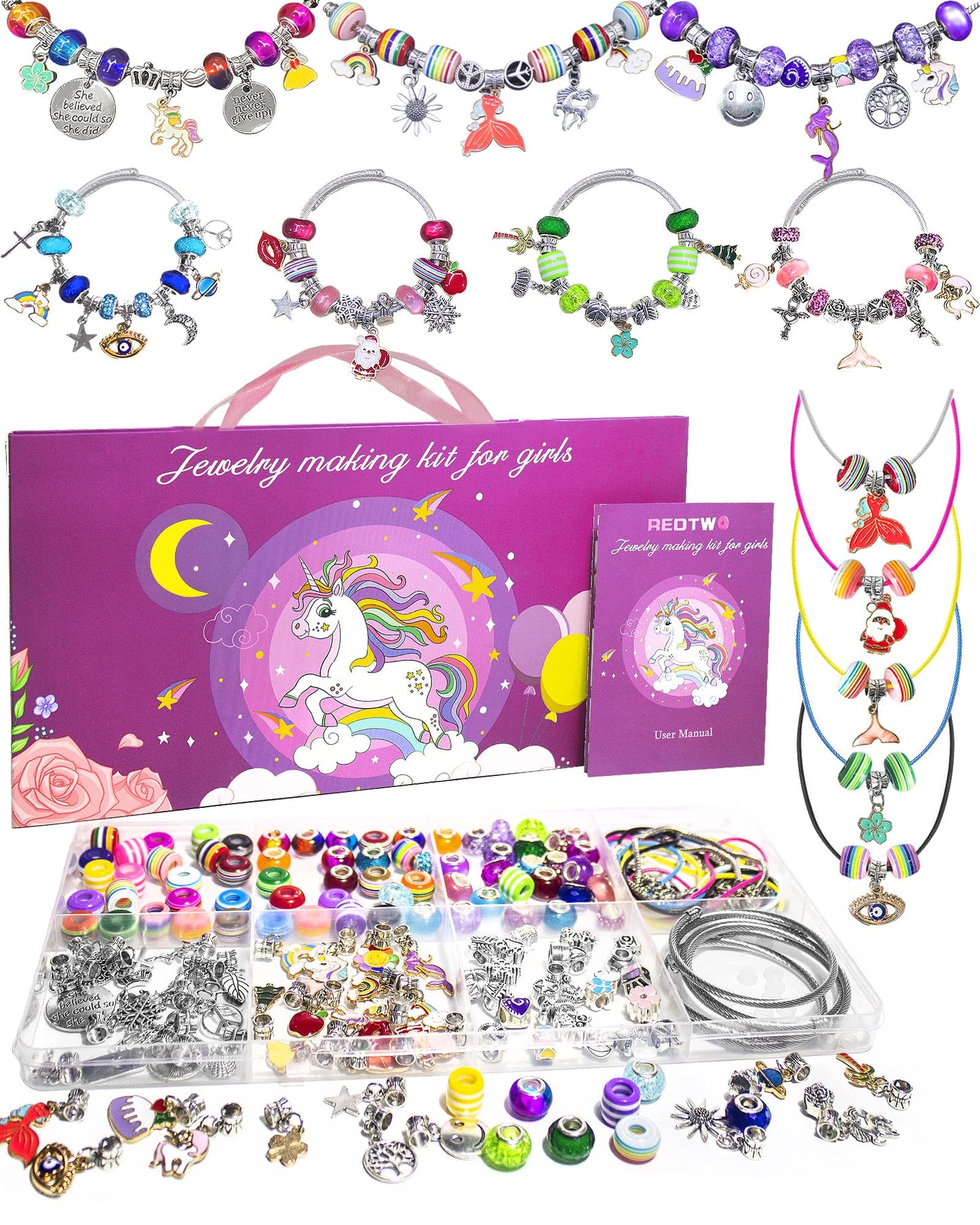 Redtwo 200 Pcs Charm Bracelet Making Kit, Friendship Jewelry Making Supplies Unicorn/Mermaid/Birthday Gifts Toys For Teen Girls