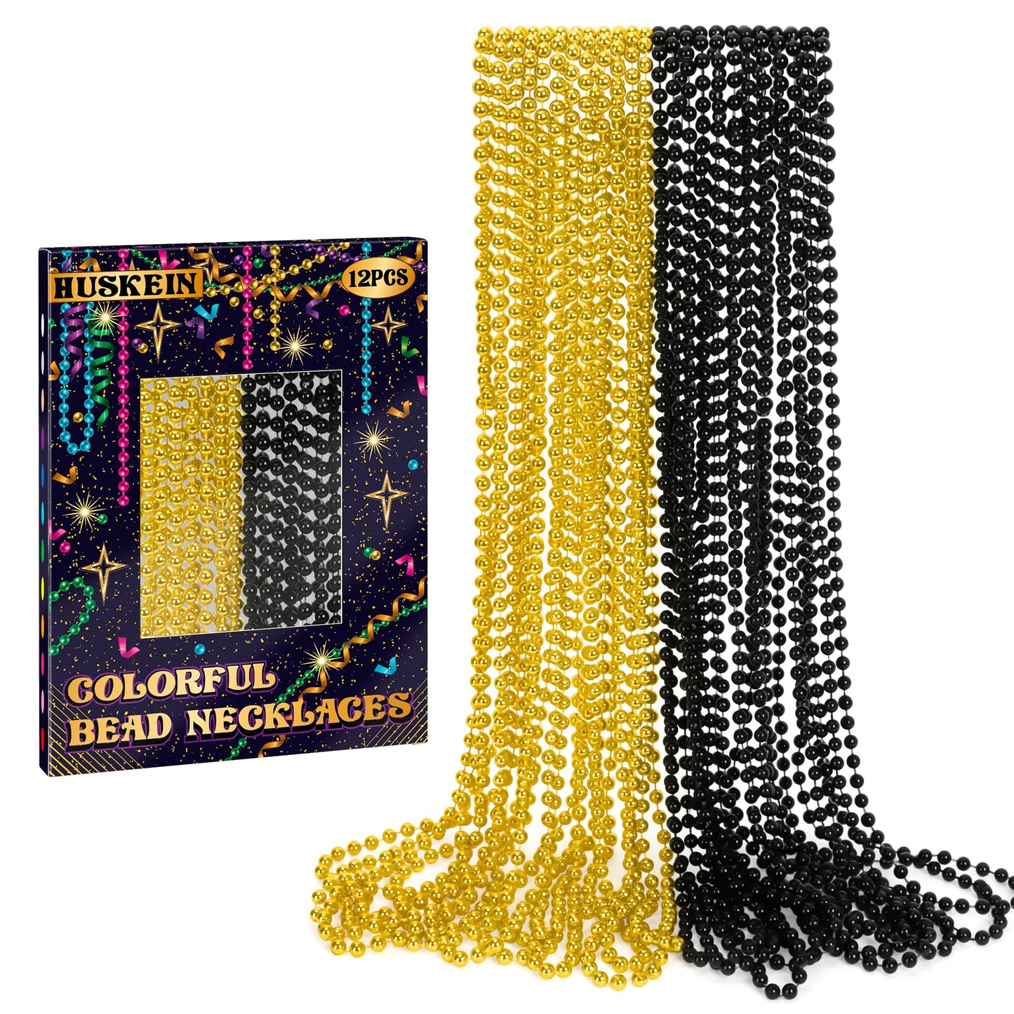 12 Pcs Mardi Gras Beads Bulk, New Year Beaded Necklaces, 33'' Blackgold Beads Graduation Beaded Stuff Set, Carnival Round Costum