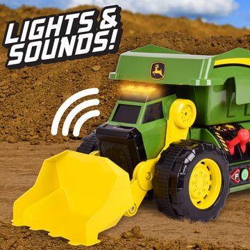 John Deere 18 2-N-1 Dig Rig Toy Dump Truck and Front Loader with Lights, Sound and Motor with Dual Joystick Controllers, Extra L