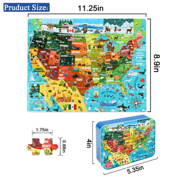 LELEMON USA Map Jigsaw Puzzle - 100 Pieces Educational Toy for Kids Ages 4-8, Colorful Metal Box, Learning Fun