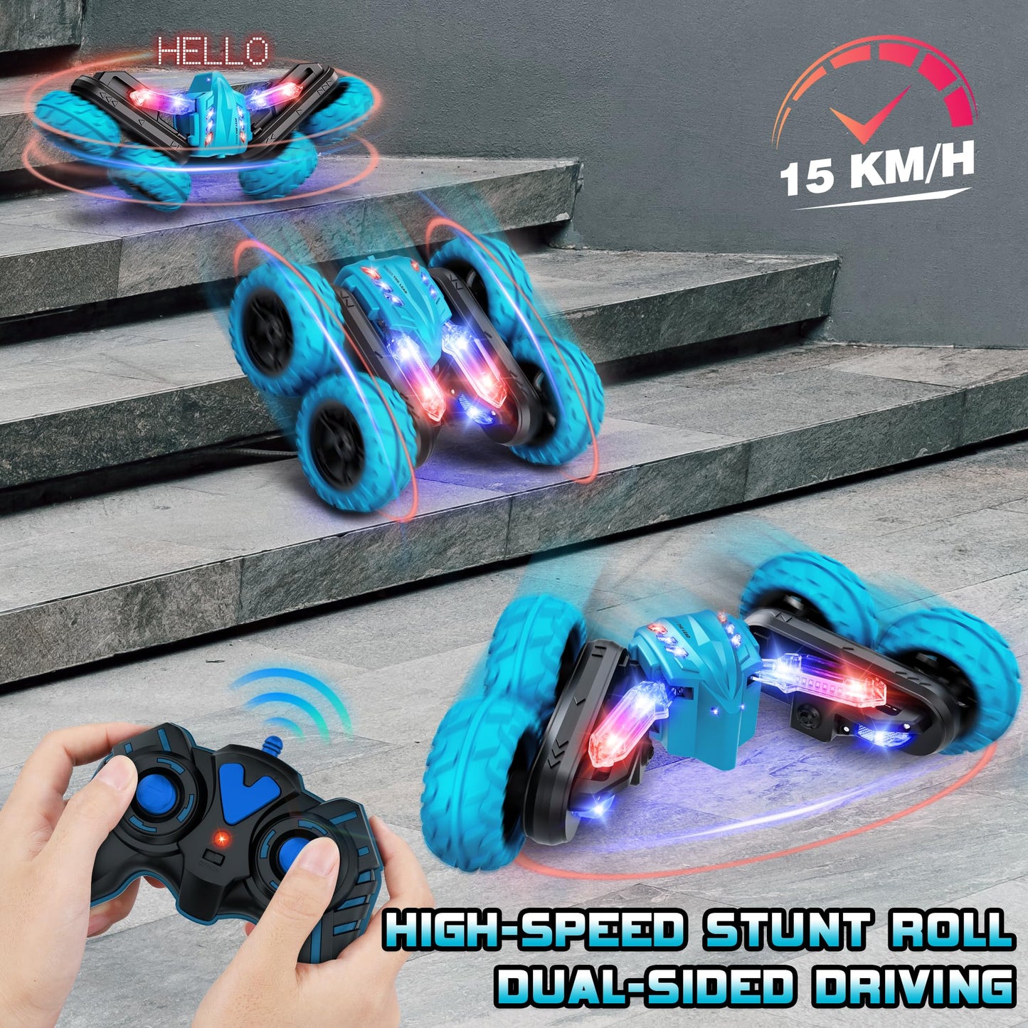 Remote Control Car, 2.4Ghz RC Stunt Cars with Double Sided 360-degree Flips Rotating Car Toy, Rechargeable LED Light Up Letters