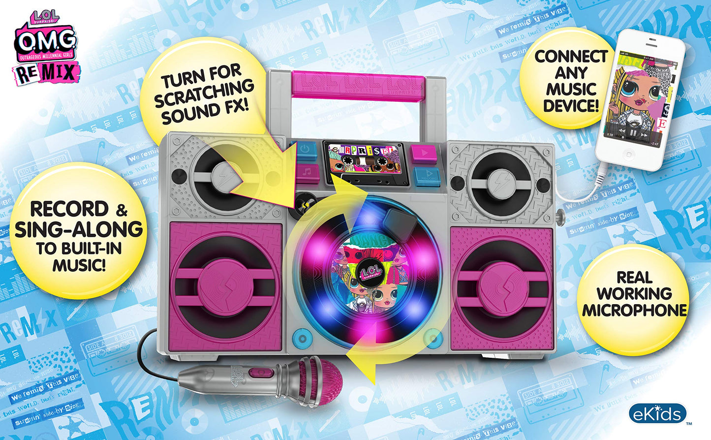 Lol Surprise Omg Remix Karaoke Machine Sing Along Boombox With Real Karaoke Microphone For Kids, Built In Music, Flashing Lights, Record, Turntable With Sound Effects, Connect Device