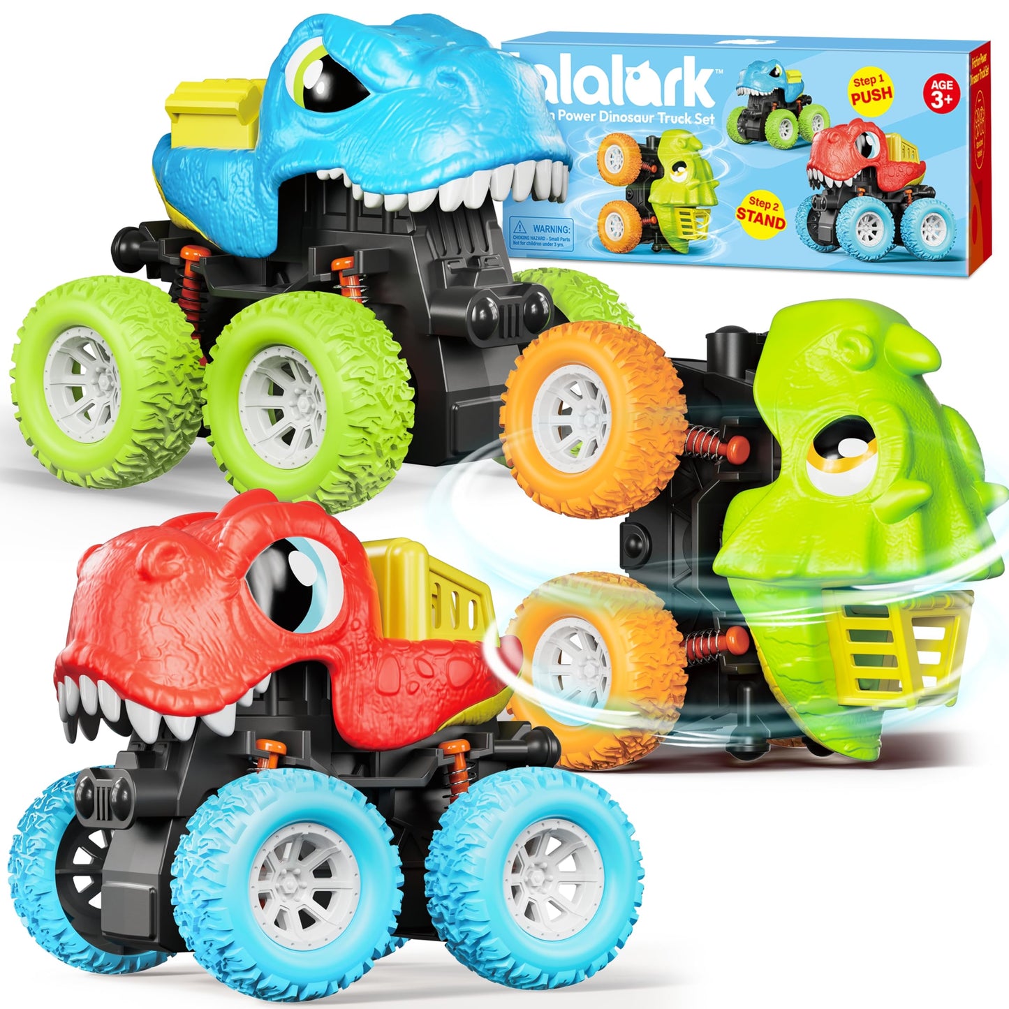 lalalark Monster Truck Toys for 3 4 5 Year Old Boys - 3 Pack Dinosaur Toys with Friction Power 360 Rotating Push and Go Cars - B