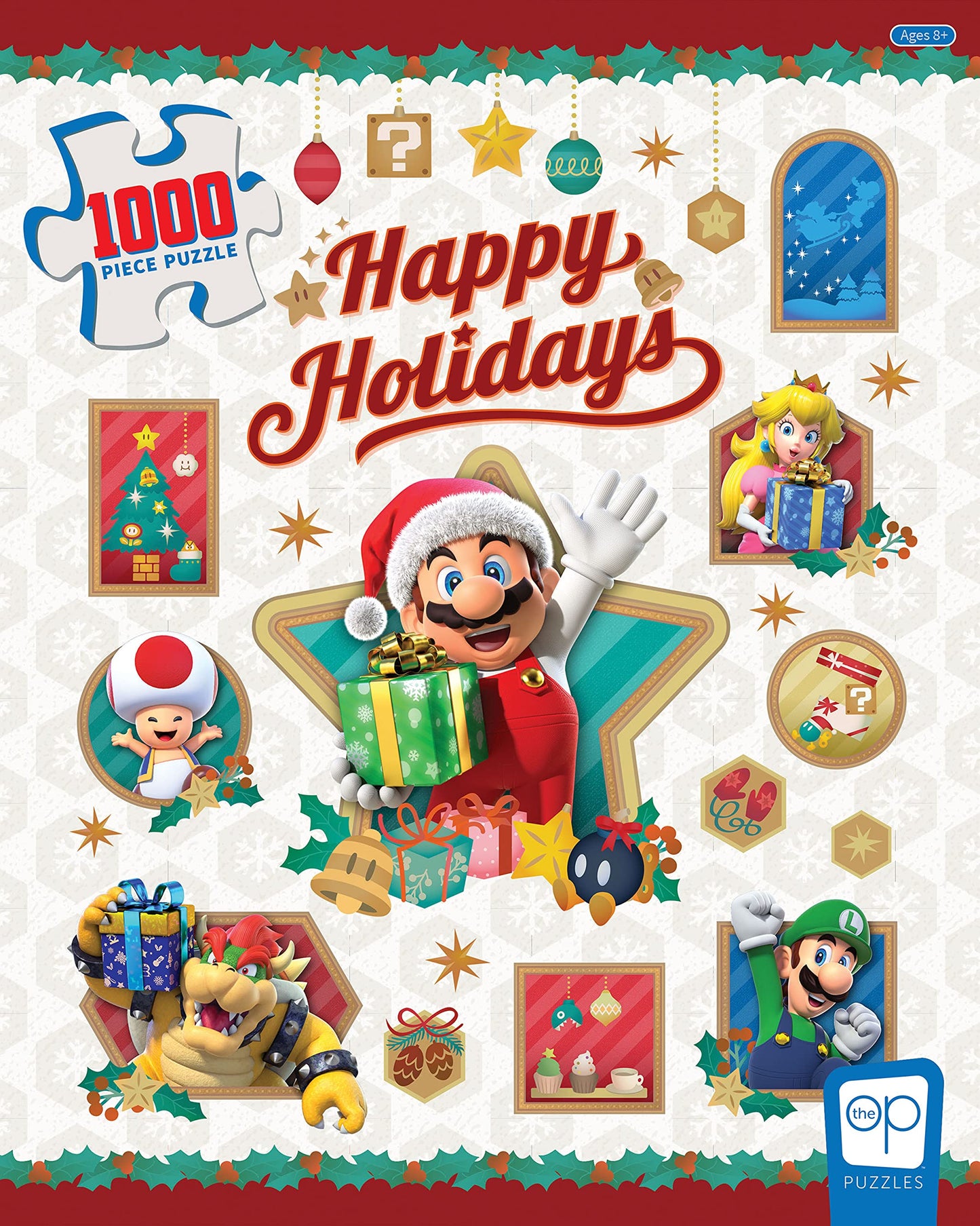 Super Mario Happy Holidays 1000 Piece Jigsaw Puzzle | Collectible Holiday Puzzle Featuring Mario, Princess Peach, Bowser, Yoshi,