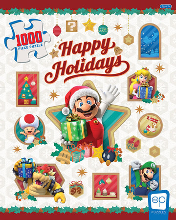 Super Mario Happy Holidays 1000 Piece Jigsaw Puzzle | Collectible Holiday Puzzle Featuring Mario, Princess Peach, Bowser, Yoshi,