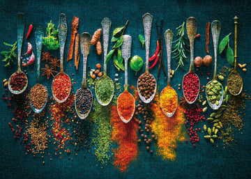 Spices on Spoon Puzzles for mature-themeds 1000 Pieces Vintage Spoon Jigsaw Puzzles Funny All Sorts of World Spices mature-themed Puzzles Collage Puzzles