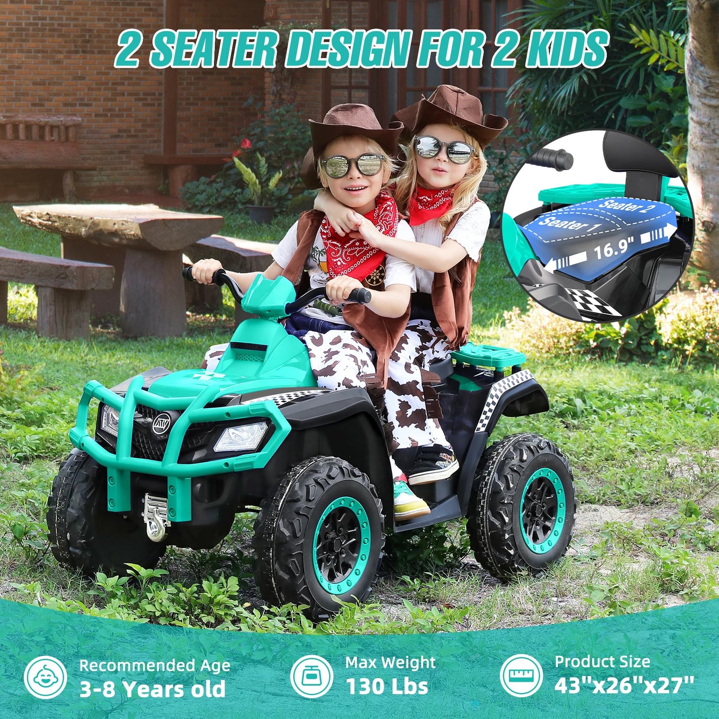 Elemara 2 Seater Kids Atv,Big Kids Ride On Atv Electric 4 Wheeler With 10Ah Battery, 4Mph Max Speed, Electric Car,Led Headlights