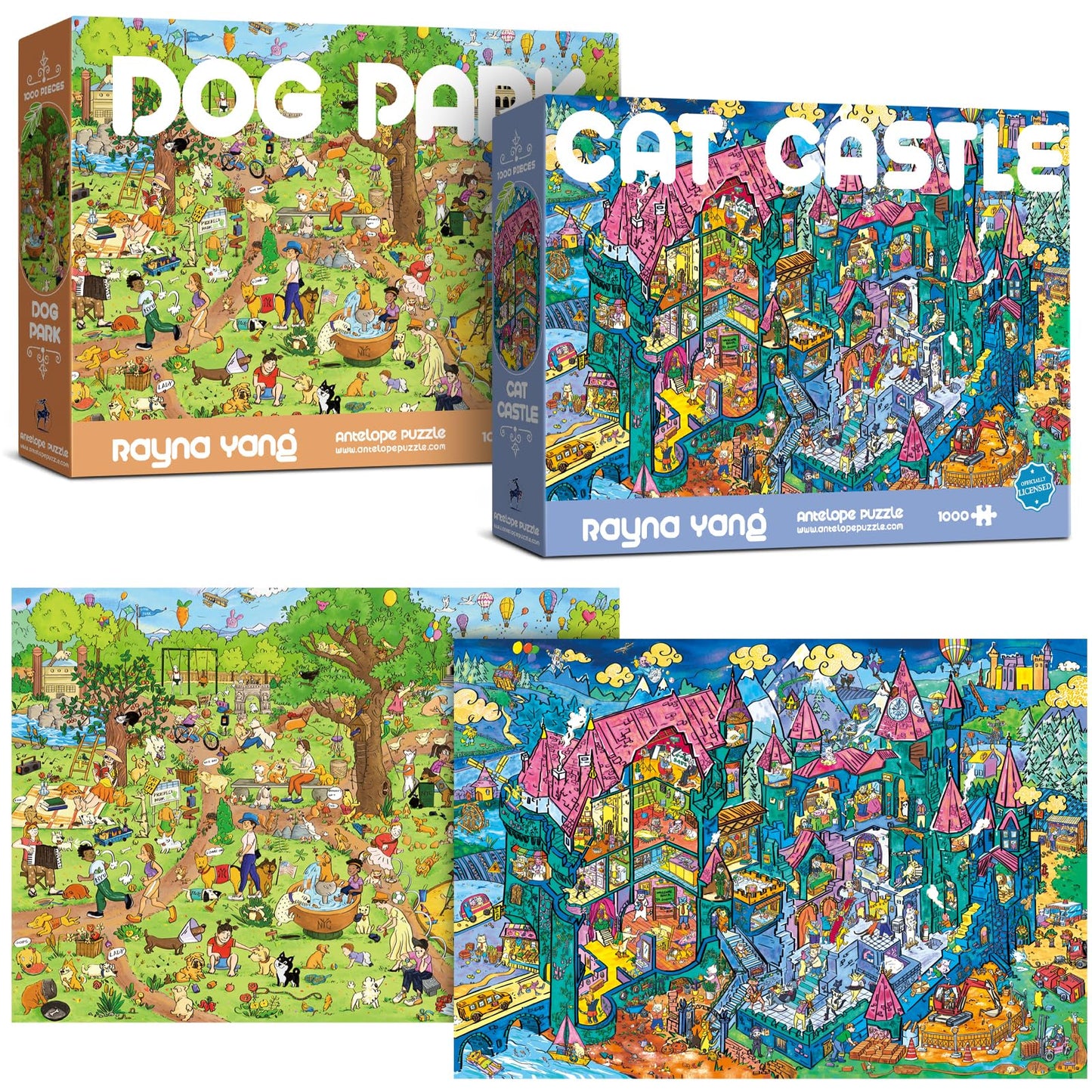 Antelope 2 In 1 1000 Piece Puzzle Bundle - Dog Park - 1000 Piece Jigsaw Puzzle Bundle With Cat Castle - 1000 Piece Jigsaw Puzzle