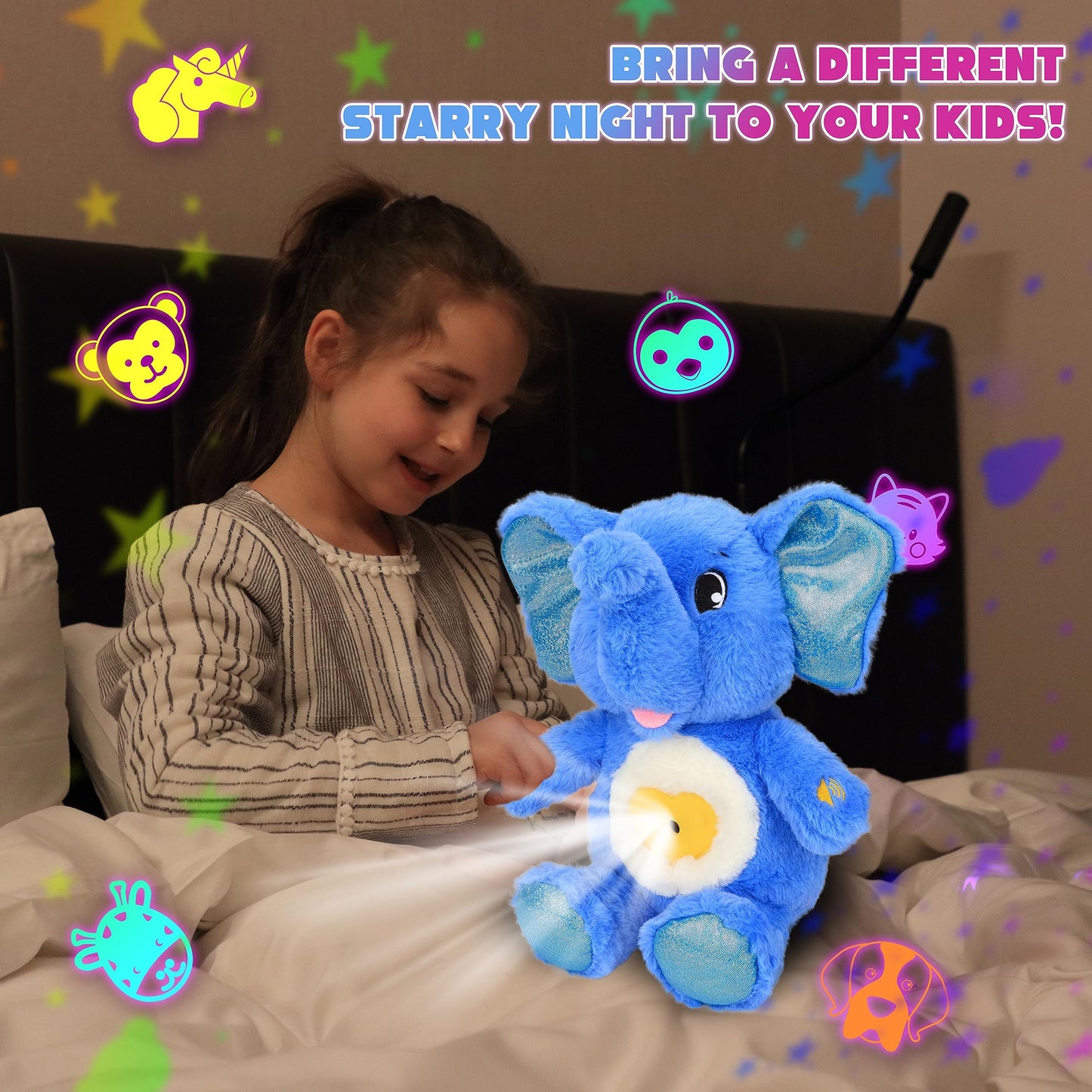 Cuteoy Elephant Star Projector Plush Night Light Stuffed Animals Musical Soother Toys For Kids Lullabies Sounds Sleep Aid Gifts On Birthday Christmas(Blue-Elephant)