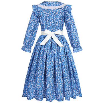 Rayekrot Girls Pioneer Costume Girls Colonial Costume Kids Floral Prairie Dress with Apron and Bonnet Blue (10-12 Years)