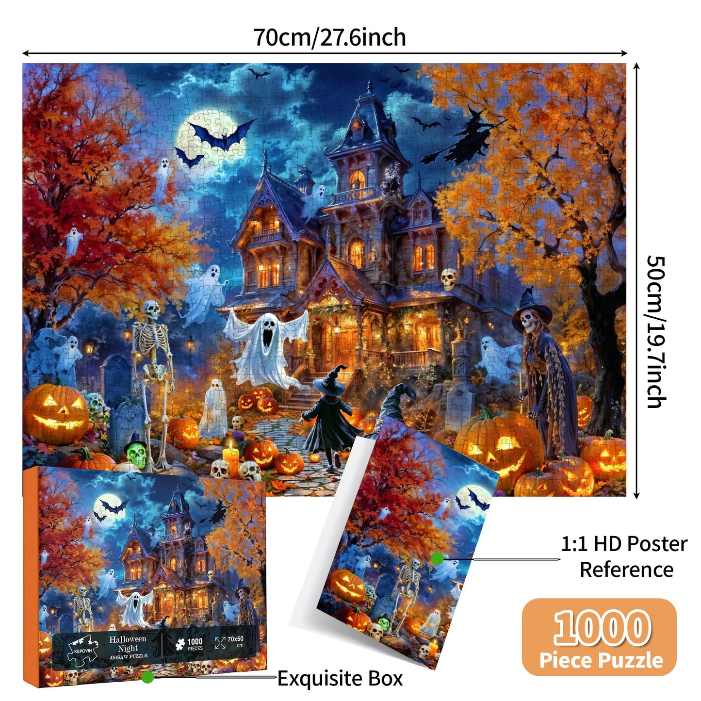 Halloween Night Jigsaw Puzzle for mature-themeds 1000 Pieces-Haunted House Pumpkin Witch Skeleton Ghosts & Batstheme Puzzles Spooky Night Sky Puzzle-for Holiday Party Gifts or Decorations