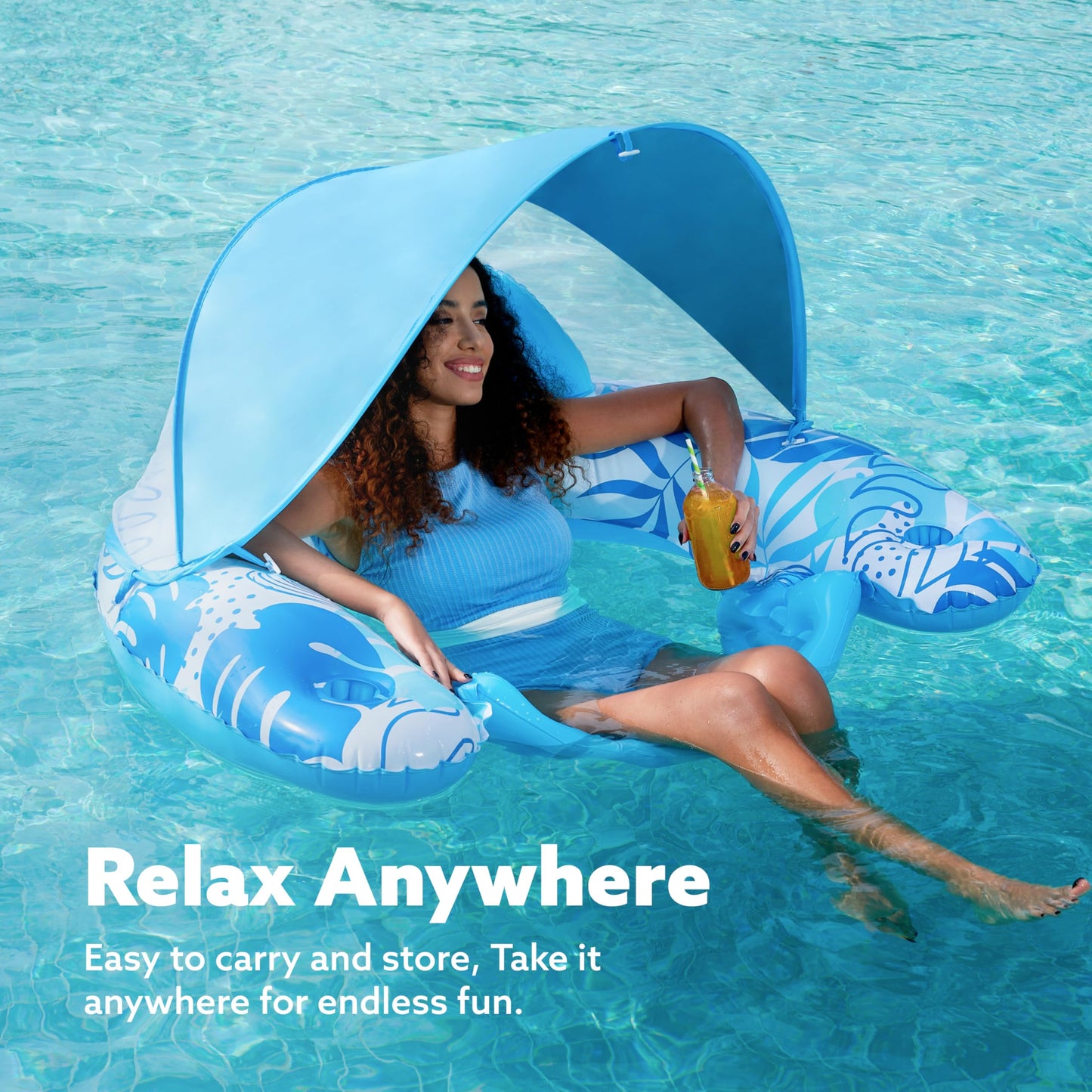 Sloosh Pool Floats with Canopy mature-themed XL Inflatable Pool Lounge Chairs with Cup Holders Floating Chair for mature-themeds Inflatable Floaties with Headrest for Party Beach Summer Water Fun Blue