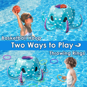iPlay, iLearn Large Blue Inflatable Pool Toys - 2-in-1 Octopus Basketball & Ring Toss for Kids Ages 3-8 - Fun Summer Outdoor Game