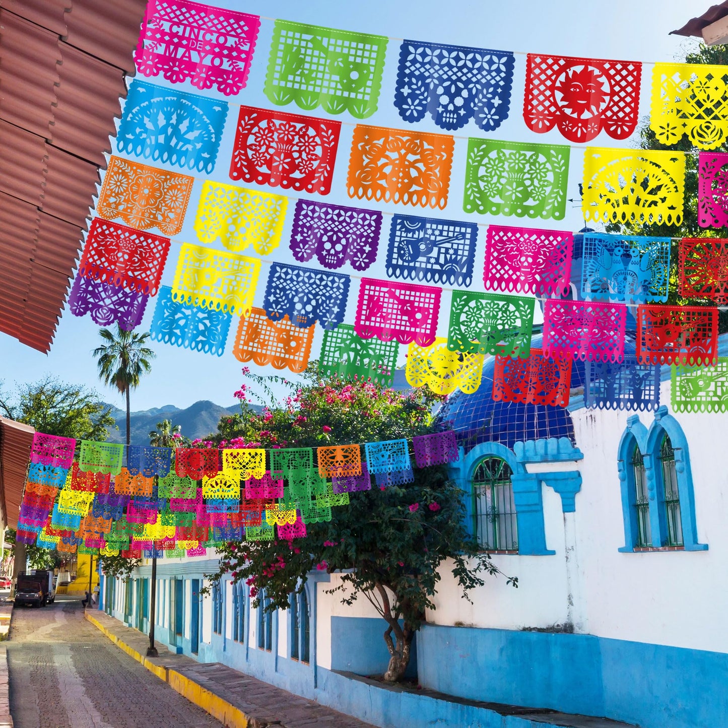Heartome 90 FT Colorful Fiesta Party Decorations - 5 Pack Large Plastic Papel Picado Banner for Cinco De Mayo & Dia De Los Muertos Decor