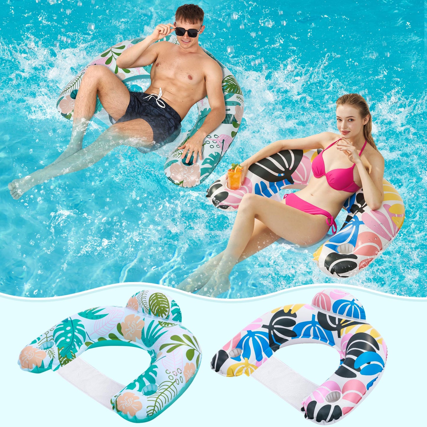 2 Pack Pool Floats Adult,OKSUWATER Pool Floaties for Adults with Two Cup Holders Inflatable Pool Floats Chairs, Lake Floats for