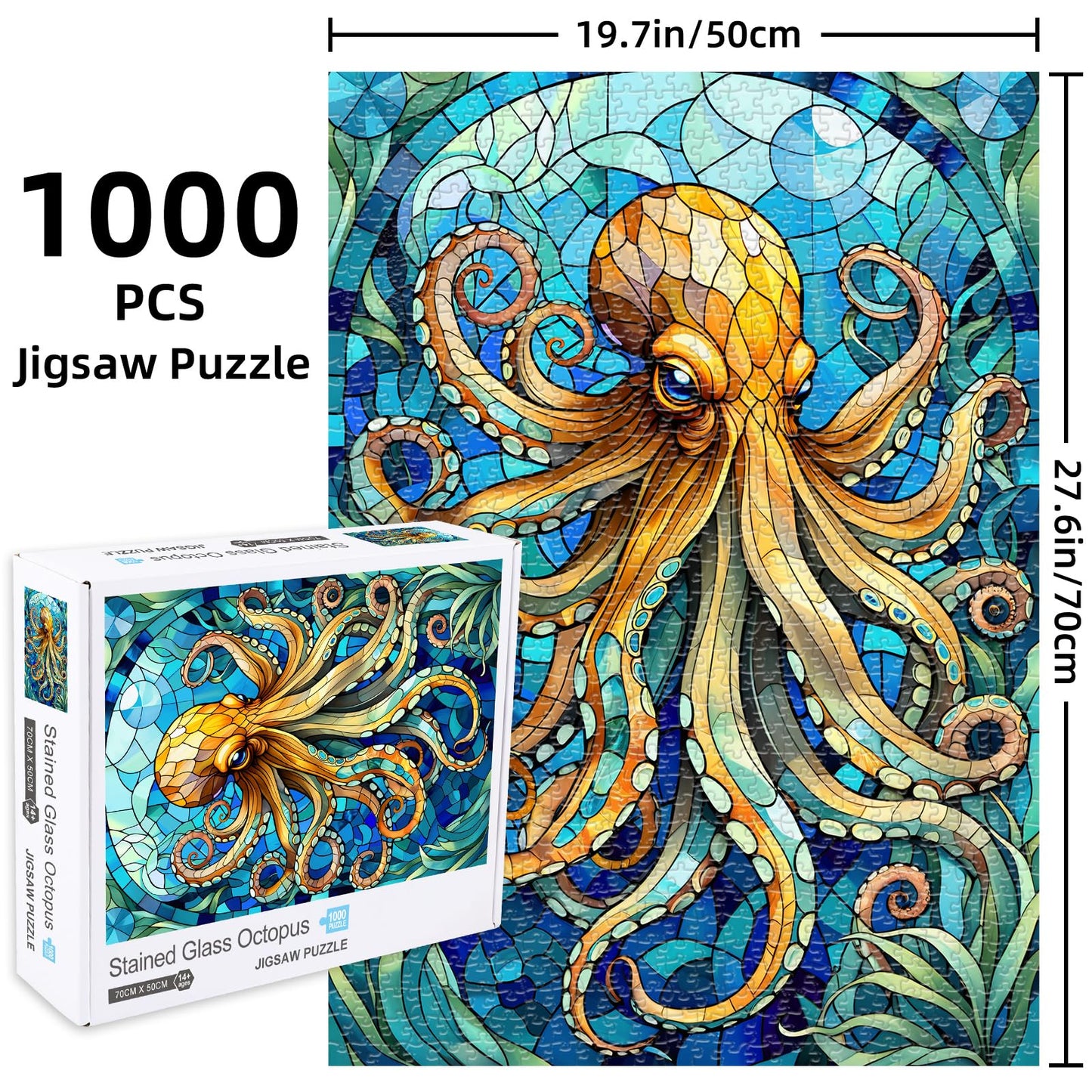 Sutinban 1000 Piece Stained Glass Octopus Puzzle for Adults, 27.5"x19.7", Great Gift for Sea Creatures Lovers