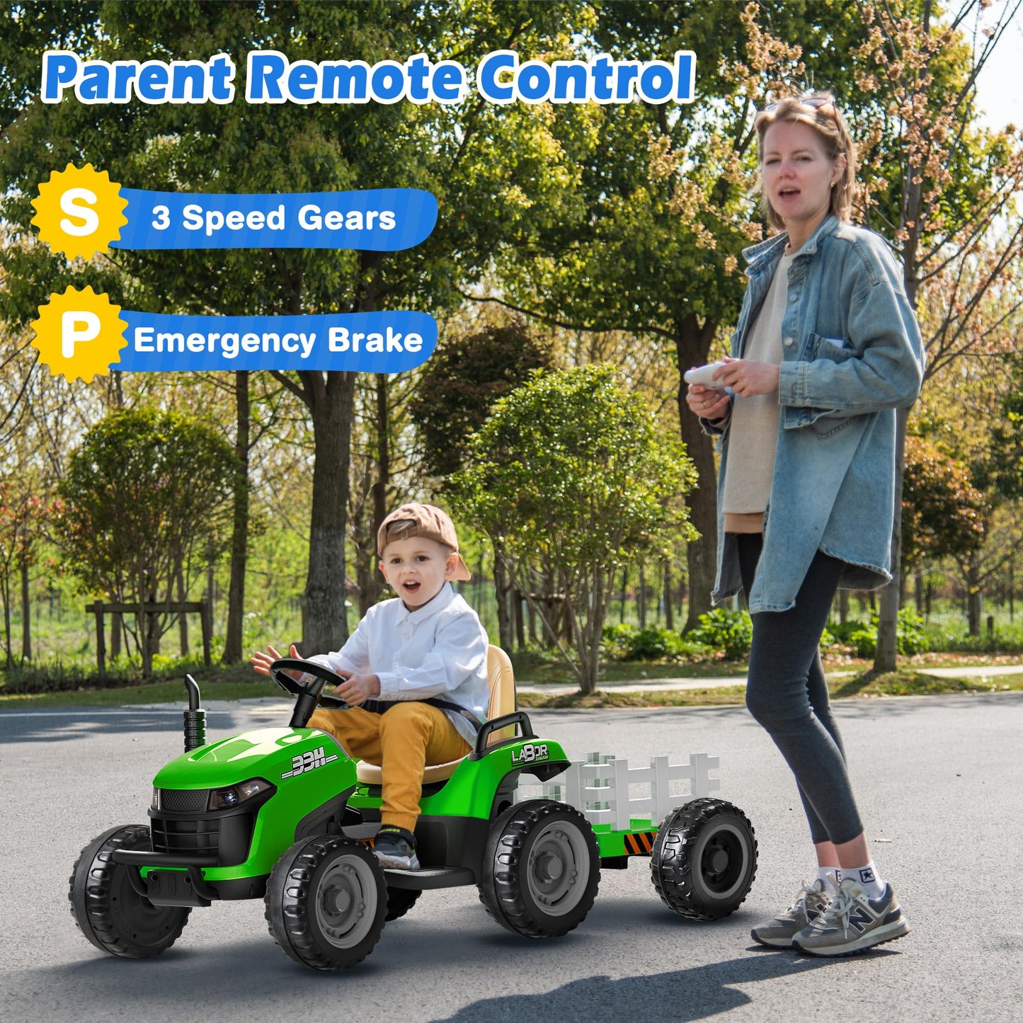 ARBELI 24V Ride On Tractor - Green, 2x65W Motors, EVA Tires, Remote Control, Bluetooth, Model BBH-030