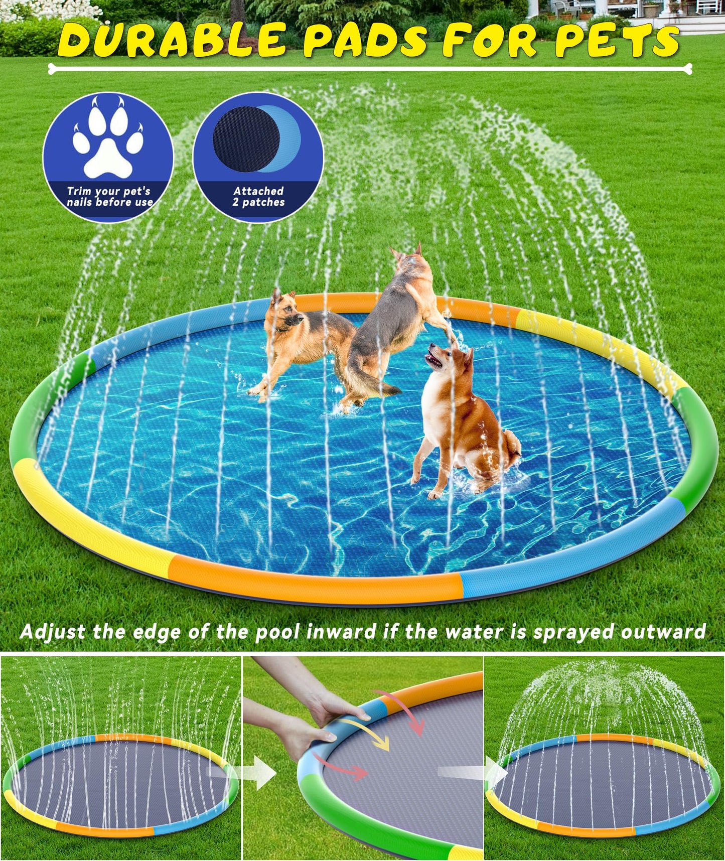 EPN Splash Pad, 13FT Size Extra Large Sprinkler Play Mat for Dogs & Kids, Thicker Pool Summer Outdoor Water Toys Fountain Pad fo