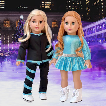 Super Skater - 18 Inch Doll Clothes - 2 Complete Ice Skating Outfits - 5 Pieces - Leotard, Skirt, Pants, Jacket, And 1 Pair Of Skates (Dolls Not Included)