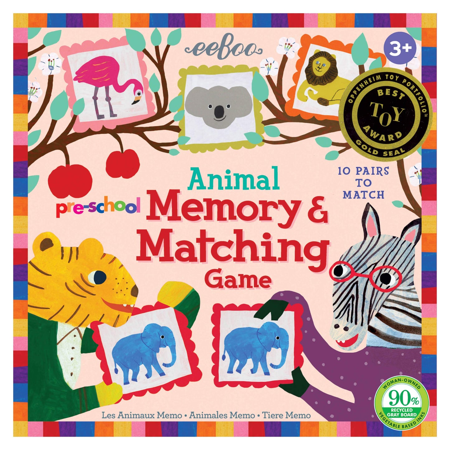 Eeboo: Pre-School Animal Memory And Matching Game, 10 Pairs To Match, Developmental And Educational, Sturdy And Thick Tiles, For Ages 3 And Up