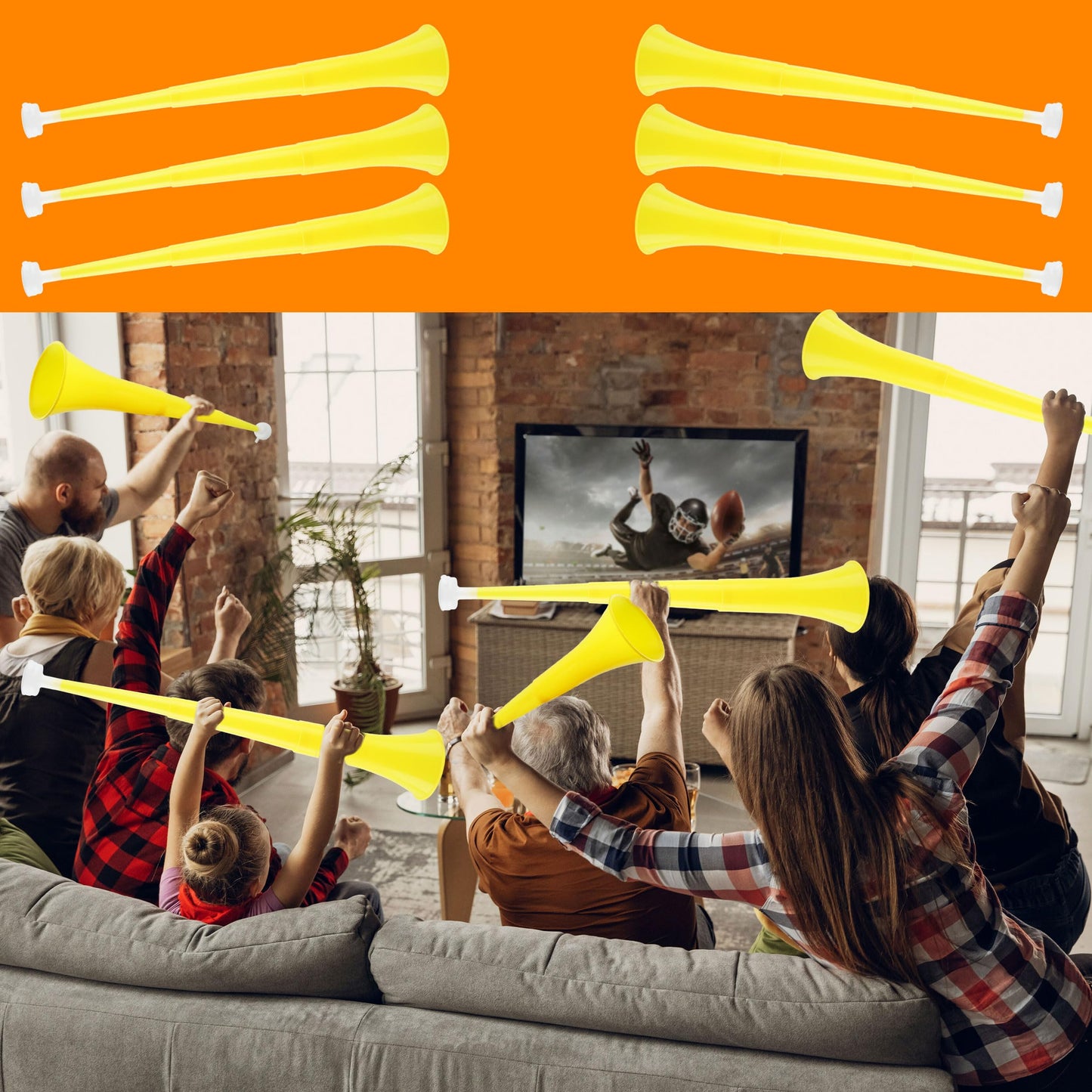 Cagemoga 6 Pieces Collapsible Stadium Horn 24 Inch Plastic Trumpet Horn Stadium Horn Noise Maker For Sporting Events Sports Themed Party Supplies (Yellow)