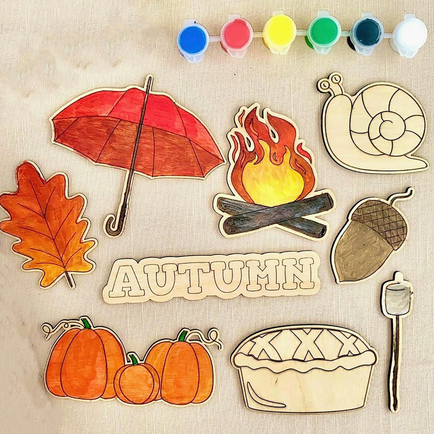 Cliths 9 Pcs Wooden Autumn Painting Kit For Kids & Toddlers EcoFriendly Fall Craft Activity With 8 Shapes (Leaf, Pumpkin, Campf