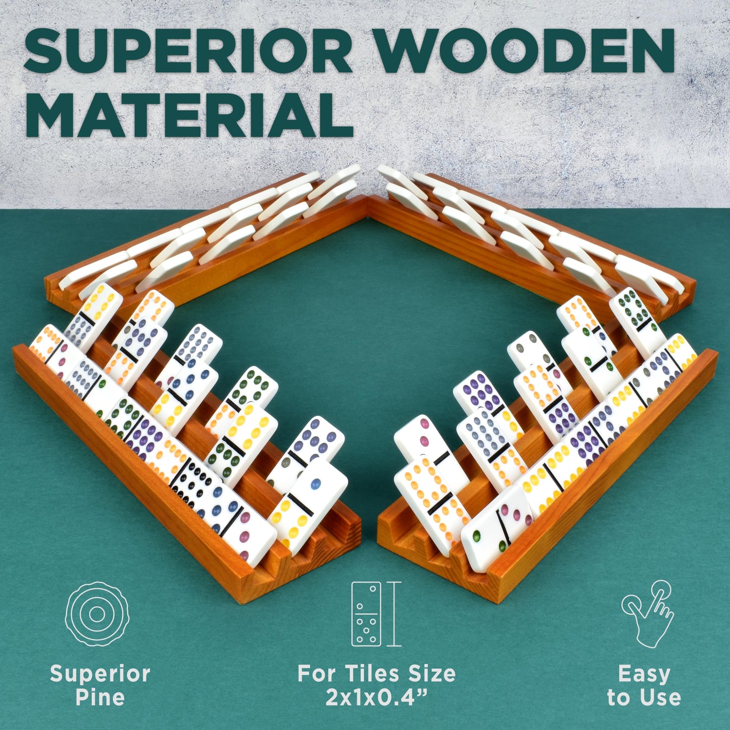 Queensell Domino Holders For Classic Board Games - Wooden Domino Racks Set Of 4 - Mexican Train Dominoes Accessories - Domino Trays For Tiles Family Games (Large)