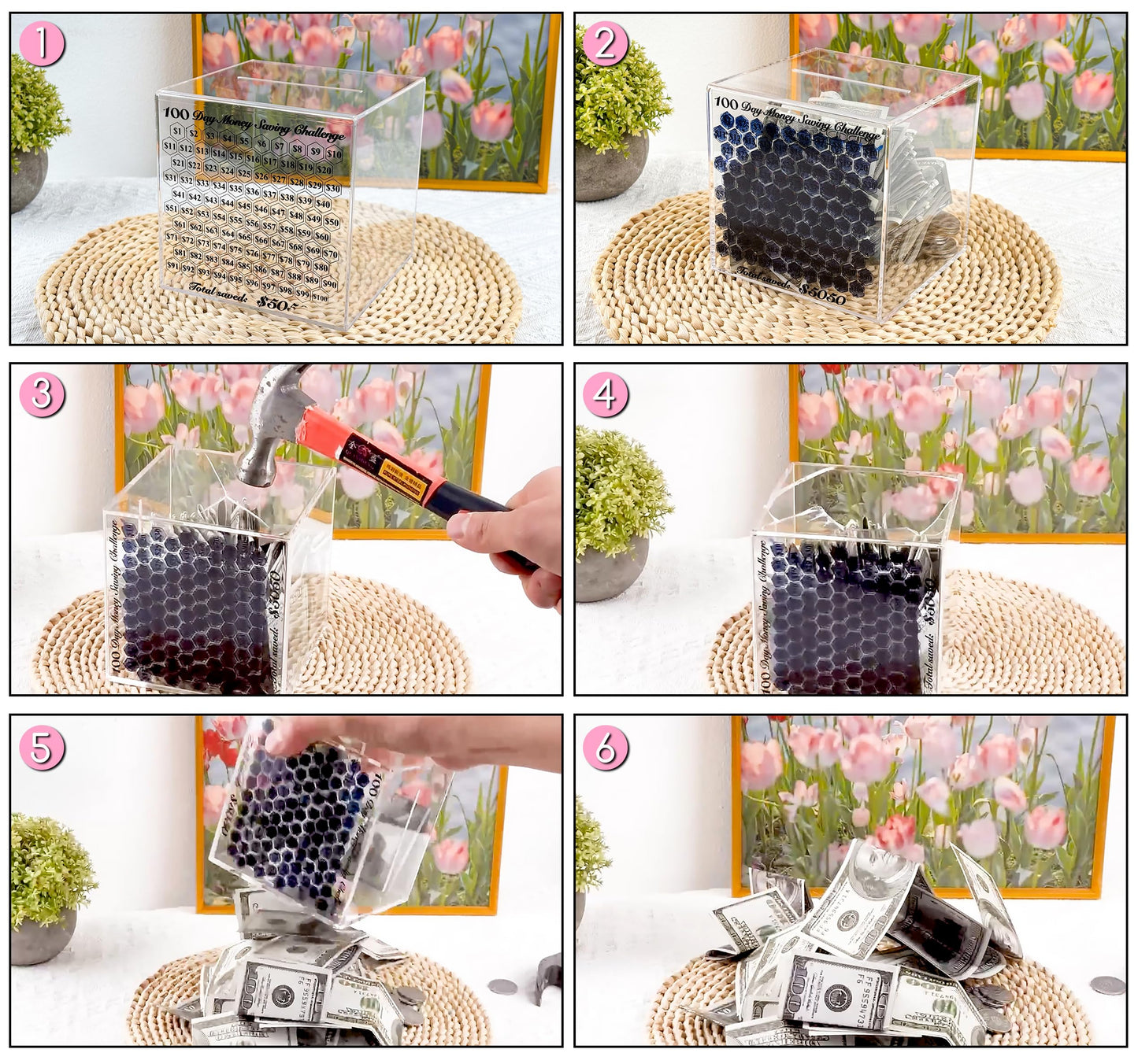 LingLingo 10K Smash Box, Clear Acrylic Unbreakable Piggy Bank for Adults, Money Saving Challenge Box for Cash Coin, Must Break t