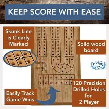 We Games Classic Cribbage Board Set, 2 Track Solid Oak Wood Board With Metal Pegs, Family Games, Living Room Decor, Travel Games, Outdoor Games, Birthday Gifts, 2 Player Games, Bar Games, Card Games