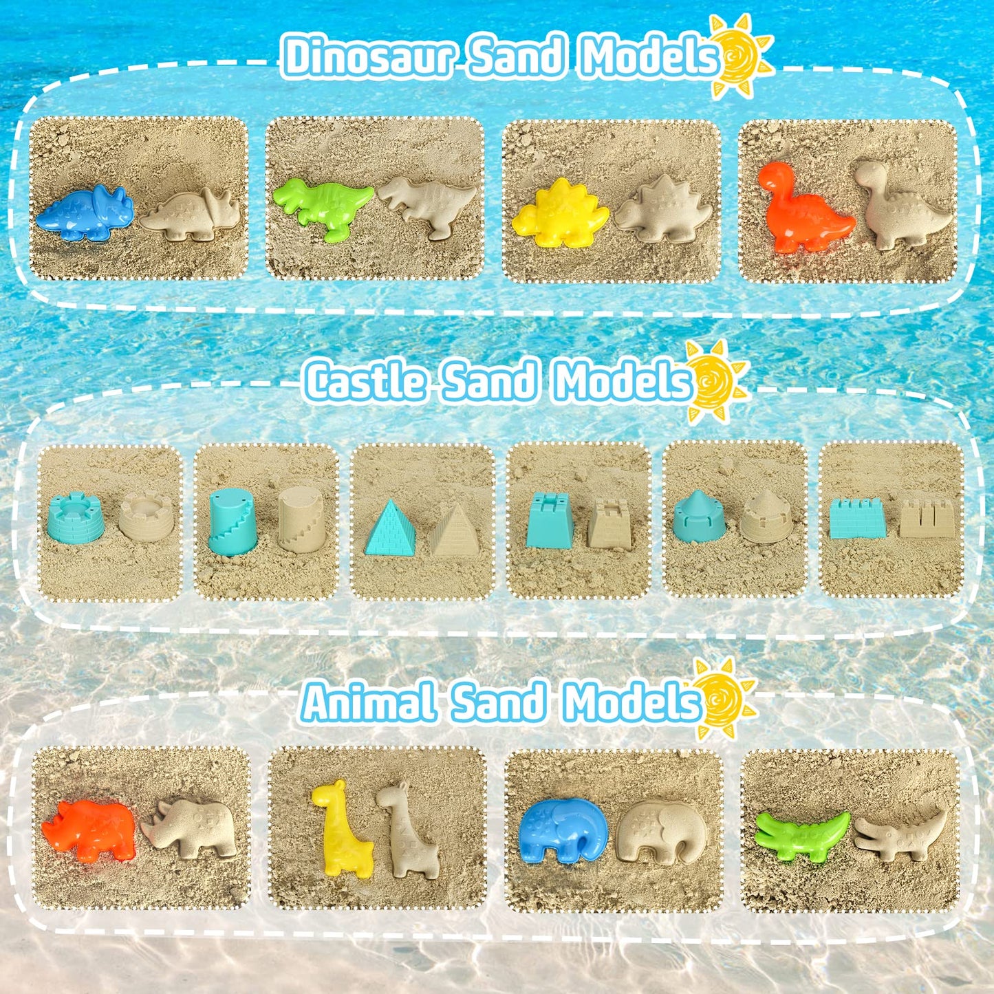 FUSPWEAO Beach Toys, Dinosaur Sand Toys with Dump Truck and Collapsible Beach Bucket, Shovel and Rake, Mesh Bag, Animal Dinosaur