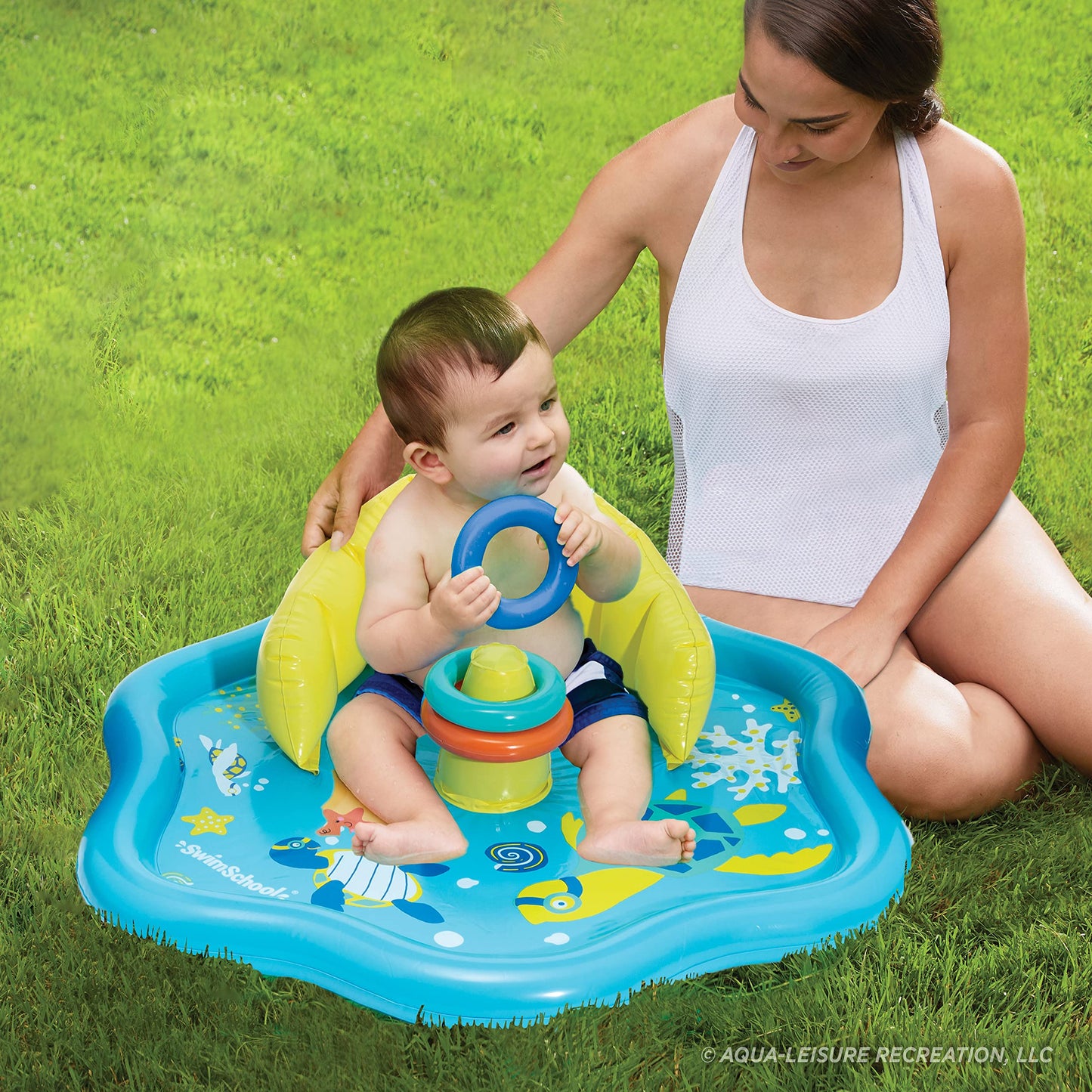 Swimschool Baby Splash Play Mat – Inflatable Play Pool For Babies & Infants With Backrest – Includes Baby Water Toy Rings– Seafoam Blue Lemon