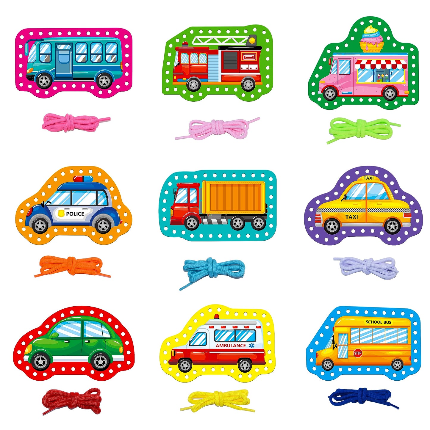 9 Pieces Kids Lacing Cards, Double Sided Sewing Cards In 9 Vehicle Cards With 9 Colorful Laces, Imagination Development Lacing Toys Games For Children Educational And Learning Activity