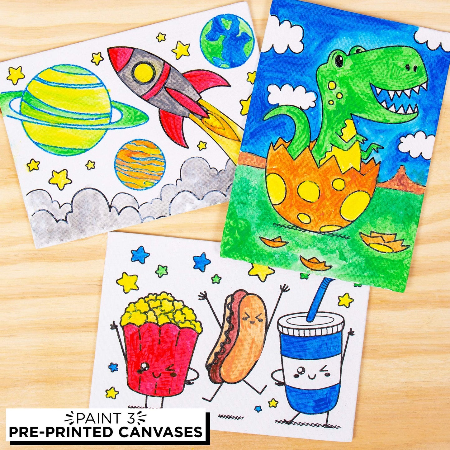 Horizon Group Usa Pre-Printed Canvas & Paint Art Set. Ready To Paint 5' X 7' Canvas Panels, 12 Tempera Paints, 6 Easy-Grip Assorted Paintbrushes Included. Dino, Space & Food.