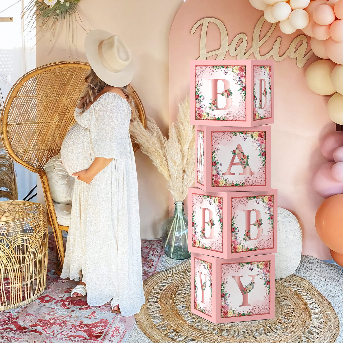 Floral Baby Shower Box Birthday Party Decoration Pink Balloon Blocks First Birthday Centerpiece Decor For Girls Rose Gold Gender