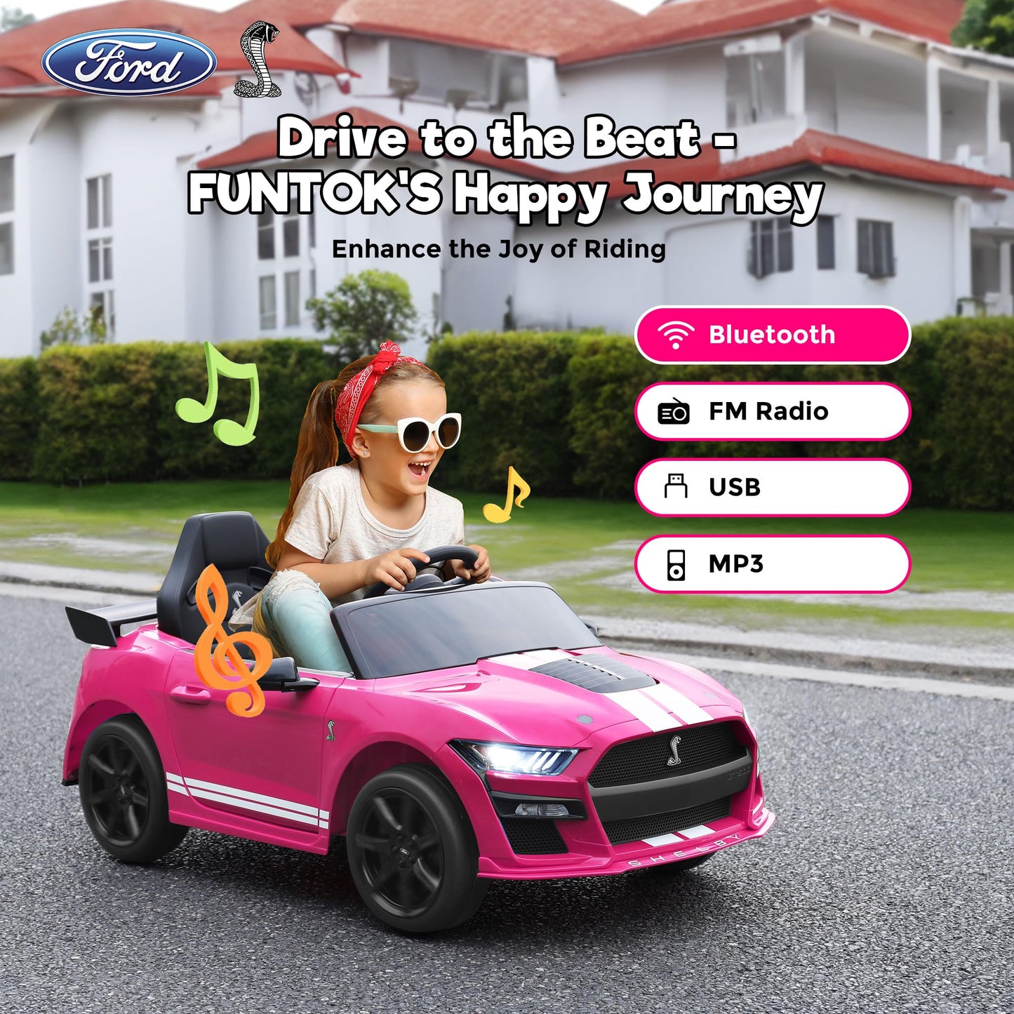 Funtok Licensed Ford Mustang Shelby Gt500 Ride On Car, 12V 7Ah Kids' Electric Car W/Remote Control, 16'' Wide Seat, 3 Speeds, Led Lights, Mp3, Bluetooth, Electric Vehicles For Kids To Drive (Pink)