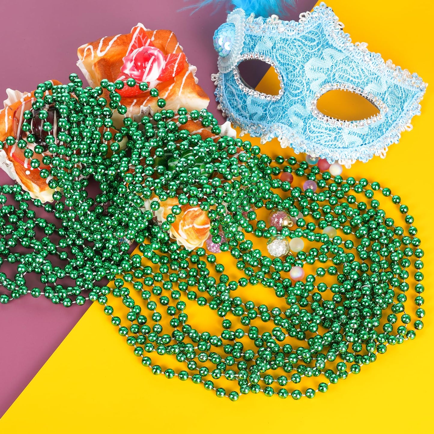 SHAOQINLIN 24 Pcs 33 Inch 7 mm Metallic Green Bead Necklaces, Mardi Gras Beads Necklace St. Patrick's Day Bead Necklaces Bulk fo