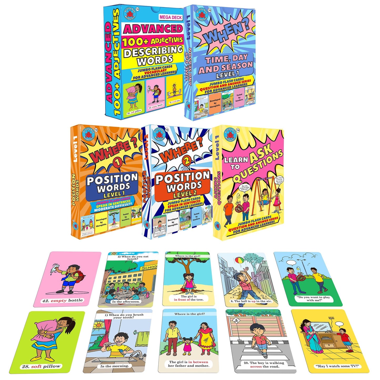 Brainy Bug Resources Audioenabled Flashcards To Teach Adjectives, Prepositions (Levels 1 And 2), Answer When?, Learn To Ask Qu