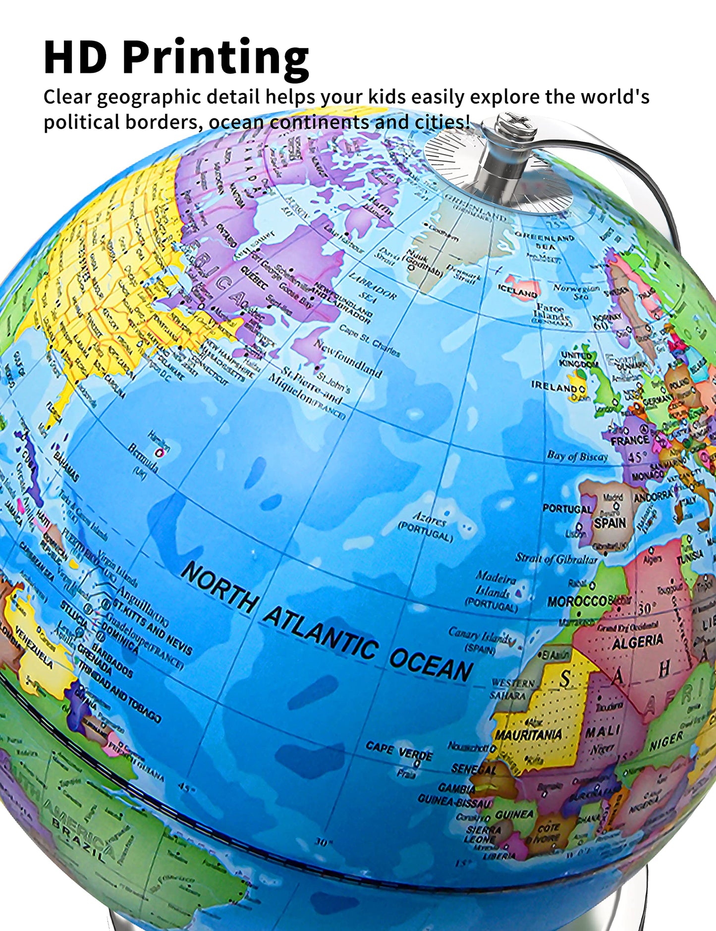 Waldauge 9'' Illuminated World Globe With Stand, Earth Globes With Stable Heavy Metal Base For Kids Classroom Learning, Led Cons
